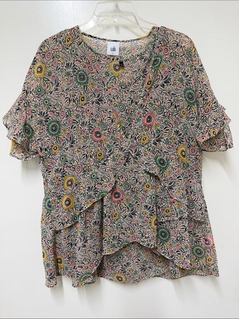 CAbi Floral Ruffle Blouse in Pink, Yellow & Green
